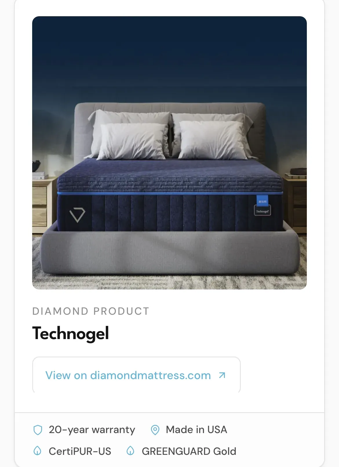 Mobile view of the assistant: Technogel product card with mattress photo and 20-year warranty, Made in USA, CertiPUR-US and GREENGUARD Gold trust badges.