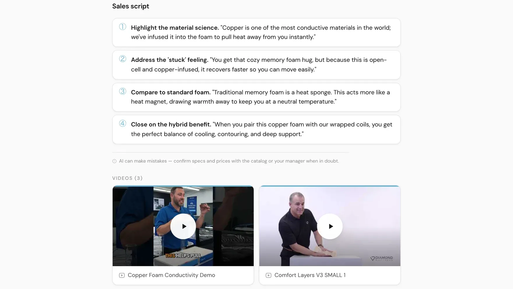 A four-step numbered sales script generated by the agent, followed by a row of the brand's product demo videos.