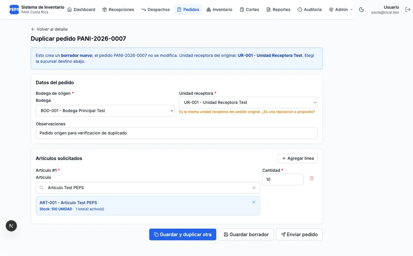 Pantalla de pedido con bodega de origen, unidad receptora y artículos solicitados mostrando stock y lotes activos, más una advertencia de validación en línea.