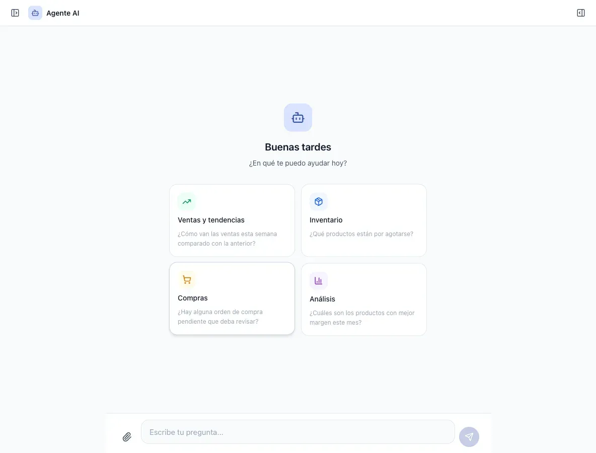 Chat del agente de IA de SimplePOS: una pantalla de bienvenida con preguntas sugeridas sobre ventas y tendencias, inventario, compras y análisis de margen, y un campo de texto libre para operar el negocio por chat.