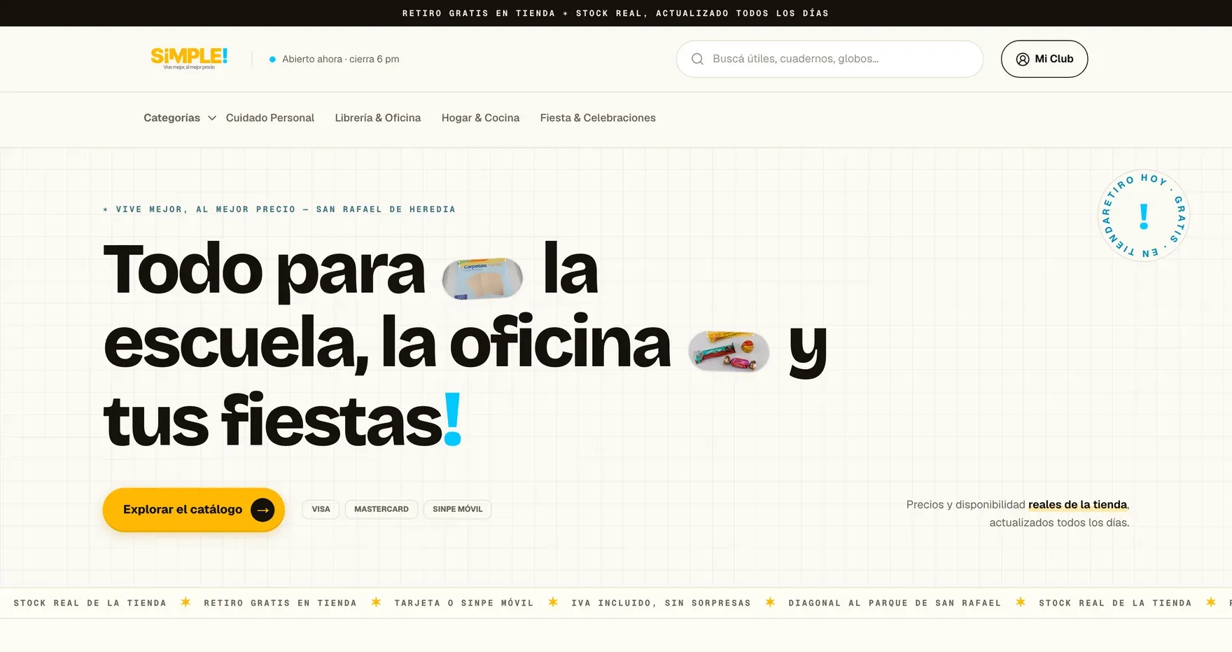 Tienda pública de SimplePOS (comprasimplecr.com): página de catálogo con buscador, navegación por categorías y un titular grande sobre la fotografía de producto propia de la tienda.
