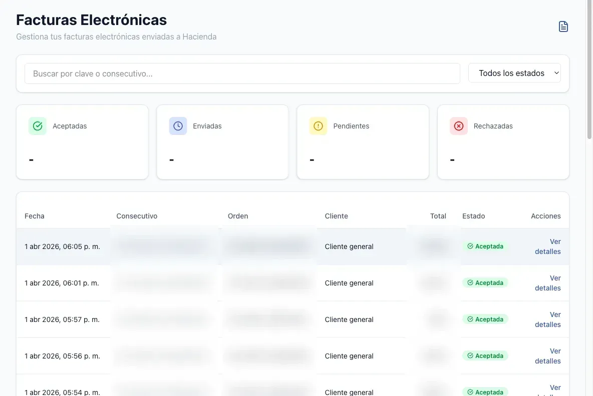 Módulo de facturación electrónica de SimplePOS: una tabla de facturas enviadas a Hacienda, todas marcadas Aceptada; los identificadores fiscales y montos están difuminados.